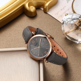 BUREI Women's Leather Watch Fashion Simple Analog Quartz Waterproof Three Hands Watches for Women Small Wrists, Gift for Mom (Gray)