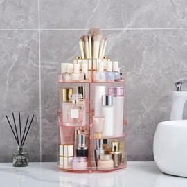SUNFICON Pink Rotating Makeup Organiser Crystal 360 Rotation Cosmetic Storage Holder Makeup Turntable Spin Display Stand Bathroom Bedroom Vanity Dressing Table Gift Girl Lady Women