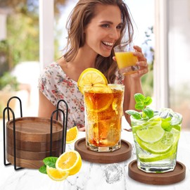 Renawe 6 Pcs Best Wooden Coasters with Holder Coffee Table Coasters for Drink Acacia Wood Coaster Set Modern Cup Coasters Home Dining Table Decor Cute Beer Bar Coasters Decorative Rustic Outdoor Coasters