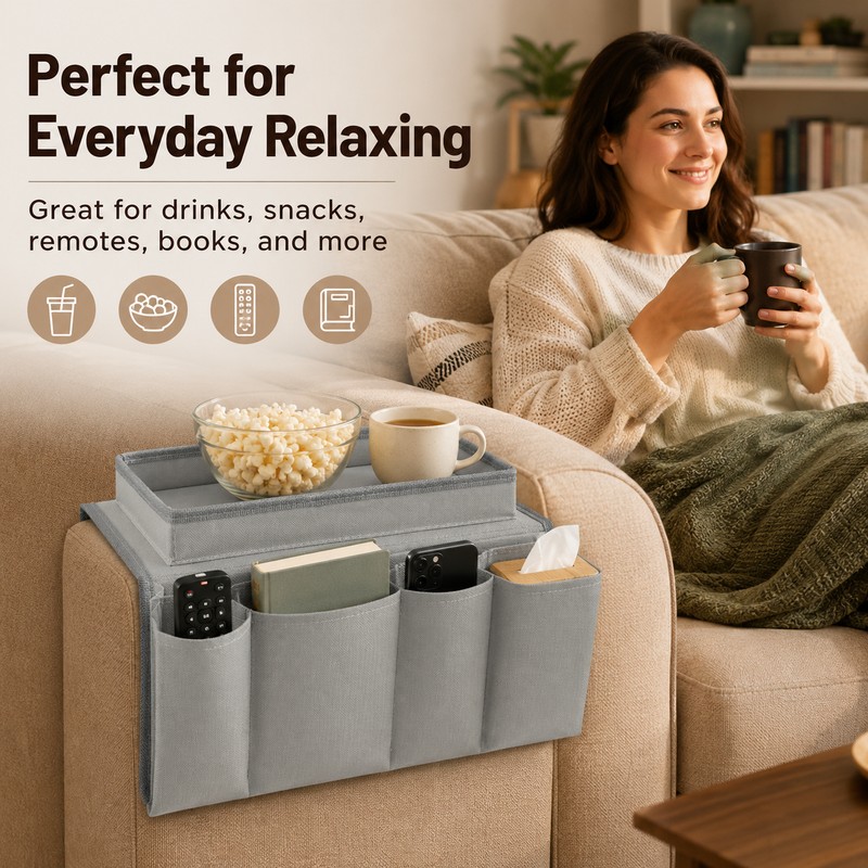 Sofa Armrest Organizer for Remote & Magazine Storage – 5-Pocket
