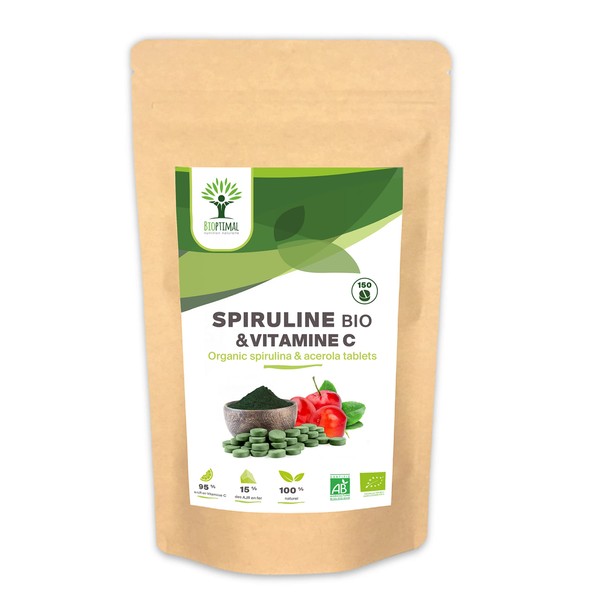 Spirulina + Organic Acerola - Food Supplement - Enriched with Vit. C and Magnesium - Better Iron Absorption - Energy Immunity - 500mg - Made in France - Ecocert Certification - 150 Tablets
