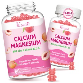 2 Pack Calcium Magnesium Zinc Gummies with Vitamin D3 B12, Calcium Supplements for Women Men, Peach Flavor 120 Cts