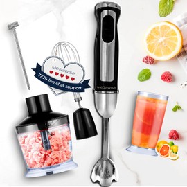 3-in-1 Immersion Hand Blender, Powerful MOTOR 12-Speed Stick Blender with Sturdy Titanium Plated Stainless Steel Blades