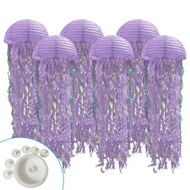 Jelly Fish Paper Lanterns, Under The Sea Party Decortions, 6pcs Lantern with Rope&Hooks for Mermaid Underwater World Ocean Themed Birthday Party Baby Shower Decor (Light Purple)