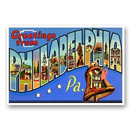 GREETINGS FROM PHILADELPHIA, PA vintage reprint postcard set of 20 identical postcards. Large letter Phila, Pennsylvania city name post card pack (ca. 1930's-1940's). Made in USA.