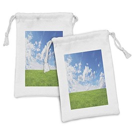 Ambesonne Blue Sky Fabric Pouch Set of 2, Landscape Scenery Print of Greenery Land with a Clear Clouds Sky, Small Drawstring Bag for Toiletries Masks and Favors, 9" x 6", Lime Green and Sea Blue