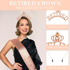 Exacoo Retirement Gift for Woman Rose Gold Retirement Sash And Cown Headband Retirement Party Decorations The Legend Has Retired Sash Elegant Cute Rhinestone Headband