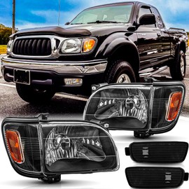 SAFAUTOPARTS Headlights & Corner Lights Assembly Pair for 2001 2002 2003 2004 Toyota Tacoma Pickpup Head Lamps with Bumper Lights Replacement Driver and Passenger Side,Black Housing Amber Reflector