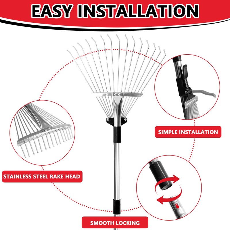 Leaf Rake Adjustable 23" to 75" - Stainless stelel Rake