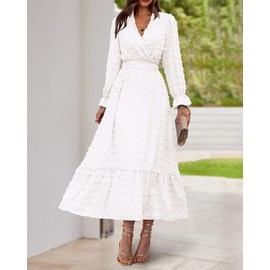 BTFBM Women Fall Maxi Dresses 2025 Long Sleeve V Neck Swiss Dots High Waisted A-Line Ruffle Boho Long Dress Vacation(White,Medium)