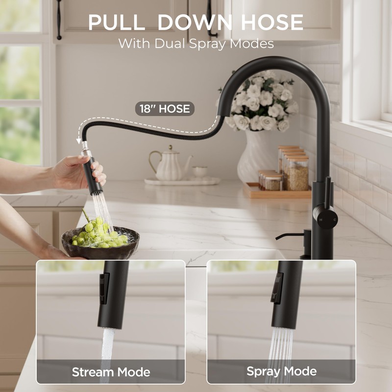 FORIOUS Kitchen Faucet with Pull Down Sprayer, Classic Matte Black,