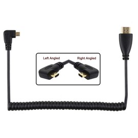 HangTon - Cable en espiral micro HDMI a HDMI HDTV para DSLR, teléfono celular, tablet, portátil, cámara DV, monitor de computadora, 4 pies, ángulo recto, 90 grados