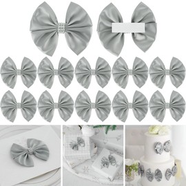 LiBongTa 3.5" Silver Bow Premade Bows, Satin Ribbon Bows for Presents, Self Adhesive Bows with Rhinestone, Valentines Bows for Gift Wrapping, Treat Bags, Decor Accessories, Party Favors-12 Counts