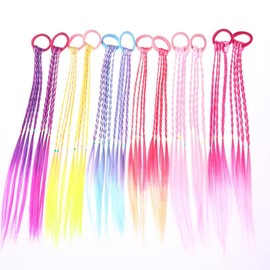 SHUNYUNG Colored Braids Hair Extensions, 12Pcs Rainbow Color Ponytail, Braided Hair Piece with Rubber Bands, Girls Hair Accessory, 17 Inch Length, Clip-In Installation