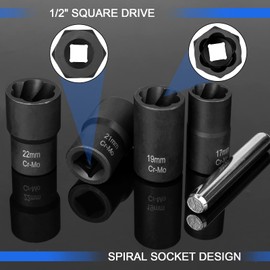 Locking Wheel Nut Removal Tool Hakkin Bolt Extractor Set 4Pcs 1/2” Drive Twist Socket Set Lug Nut Remover Socket Tool for Removing Damaged, Rusted, Rounded-Off Bolts, Nuts 17mm 19mm 21mm 22mm