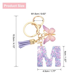 sourcing map Initial Letter Keychains, Resin Cute Butterfly Tassel Pendant Accessory for Women, Alphabet Key Ring for Purse Handbags Backpack, Purple-M