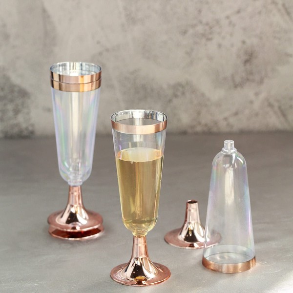 Efavormart 12 Pack Rose Gold Disposable 5 oz Plastic Champagne Flutes 2-Piece Rimmed Design With Detachable Base