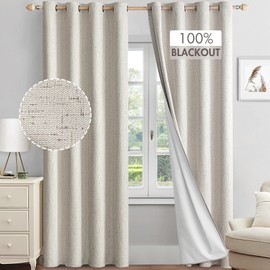 MIULEE Linen Textured 100% Blackout Curtains for Bedroom 84 Inches Long Ivory Thermal Insulated Black Out Curtains Curtains/Draperies with White Liner for Living Room/Nursery, Grommet Top, 2 Panels