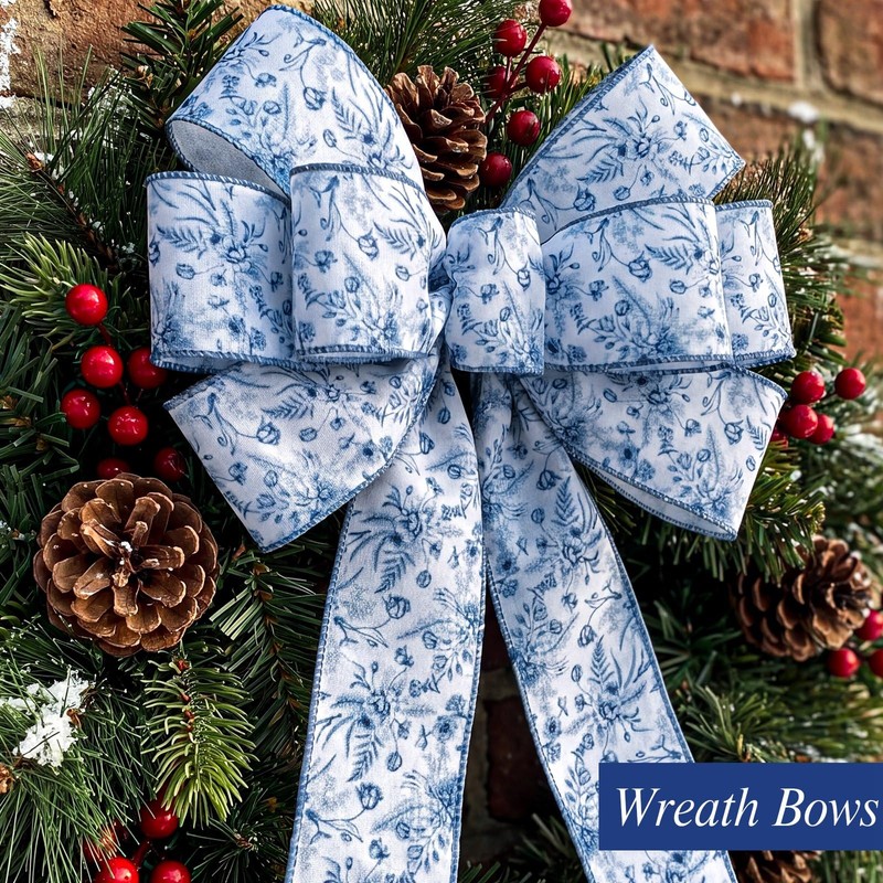 woric Blue Floral Wired Ribbon 2.5 Inch x 15 Yards