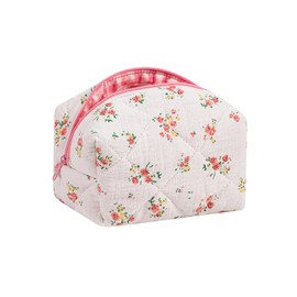 RSRSLEII Small Quilted Cotton Makeup Bag, Cute Floral Cosmetic Bag, Cotton Aesthetic Makeup Pouch, Kawaii Travel Toiletry Bag for Women and Girls (07 Yellow and Pink Flower)