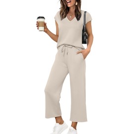 Saloogoe 2 Piece Sets for Women Beach Vacation Clothes Summer Date Outfits Lounge Pjs Sets Wide Leg Pants Woman Set Travel Airport Sweat Suit Beige S