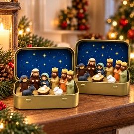 Mini Christmas Nativity Scene Set for Holiday Home Decor – 2 Pack Pocket-Size Manger Displays with Figurines in Decorative Metal Tins