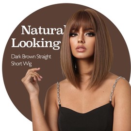 Macodio Brown Bob Wig with Bangs for Women – Short Straight Synthetic Wig 14 inches Natural-Looking Heat Resistant Hair for Daily Wear, Cosplay, and Party