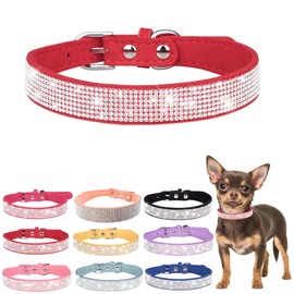 Bling Diamante Dog Collar, Rhinestone Puppy Collars sparkly Glitter Diamond Crystal Small Dog Collar Adjustable for Girls Female XXSmall Small Medium Large Dogs (Size S,Red)