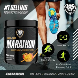 6AM Run 6AM Run Marathon, Pre Workout Powder for Distance Running, High Energy Amino Formula, for Cardio and Stamina, No Jitters, All Natural, Keto, Vegan, Peach Mango Flavor, 40 Servings