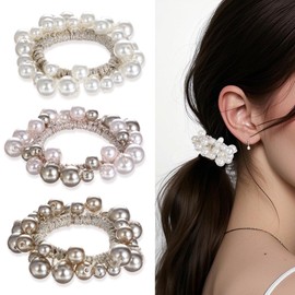 Qianyu 3 Pcs Stretchy Pearl Hair Ties Elastic Scrunchies Beaded Hair Bands Elegant Stylish Ponytail Holders Bead Hair Rope Anti-slip Handmade Boho Hair Accessories for Women Girls Thick Thin Hair
