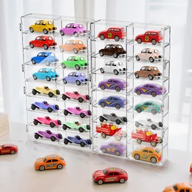 Frcctre 4 Pack Acrylic Display Case for 1/64 Scale Matchbox Wheels Toy, 32 Slots Toy Cars Storage Organizer Box with Clear Dustproof Cover, 7.5 X 6.75 X 1.75 Inches