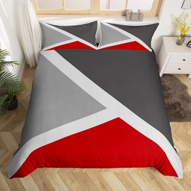 Patchwork Geometric Bedding Set Red Dark Gray And Light Grey Duvet Cover Single Geometry Triangle Comforter Cover For Rustic Farmhouse Room Decor Modern Abstract Quilt Cover 1 Pillow Case
