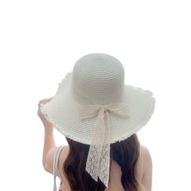 Women Foldable UV Protection Bowknot Wide Brim Floppy Beach Sun Visor Hats Breathable Summer Straw Hat (US, Alpha, One Size, White)