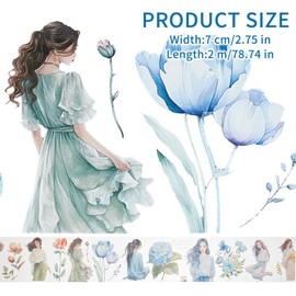 NICENEEDED 2 Rolls Washi Tapes with Flowers Transparent Washi Tape Stickers Made of PET for Scrapbooking Floral Decorative Tape