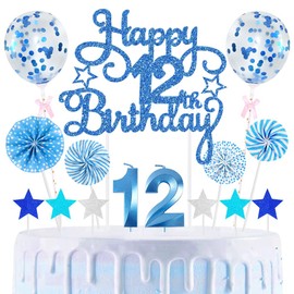 12th Geburtstag Kuchen Dekoration Kuchen Toppers Zahl Kerzen Birthday Torten Dekoration Sternen Papierfächer Ballon Torte Toppers Kuchendeko für 12. Geburtstag Dekorationen Party Zubehör, Blau