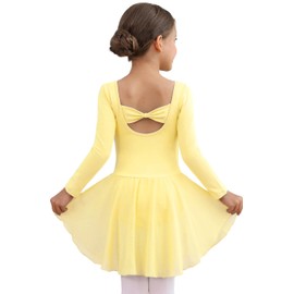 MdnMd Long Sleeve Ballet Leotards for Girls Toddler Dance Leotard Skirted Gymnastics Ballerina Dress AM300 (Swan-Yellow, 6-8 Years)