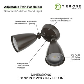 TIERONE Twin-Head LED Flood Light with Dusk to Dawn Photocell UL Listed Outdoor Security Lighting 120V Two Head Par Light with 4 PAR38 Bulbs(Each 12W 1080 Lumen 4000K) 2 Pack Dark Bronze