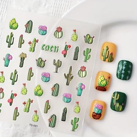 1PCS Summer Nail Art Stickers 3D Embossed Cactus Balls Nail Stickers Cute Nail Decals Green Plants Nail Art Design Decals for Nail Art Summer Cacti Designs Self Adhesive Nail Supplies Accessories