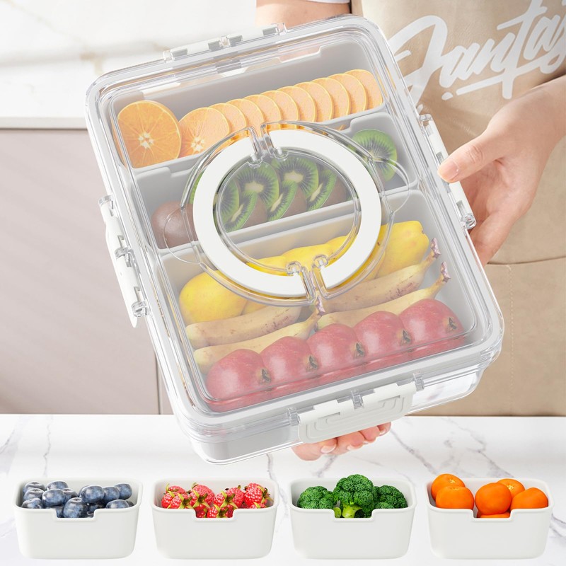 Snackle Box Container,Divided Serving Tray with Lid and Handle,7 Portable