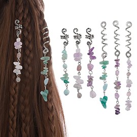 FRDTLUTHW Colored Natural Stone Tassels Hair Jewelry for Braids, Crystal Dreadlock Accessories Hair Charms for Women(Silver, pack of 6)