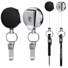 YueMiEcoUS 4 Pack Heavy Duty Retractable Pull Pen Pencil Holder with 31.5" Steel Cord,Metal Pen Clip Retractable Pen Holder for Carpenters,Nurses,Waitresses,Construction Workers