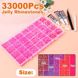 33000Pcs Rose Red AB Resin Jelly Rhinestones for Bedazzling, 2-6mm Flatback Gems for Diamond Art, Bedazzler Kit with 3Pcs 10ml B7000 Jewelry Glue for Crafting Crafts Shoes Nail Art