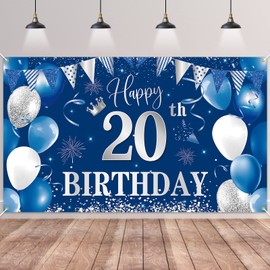 20th Birthday Banner Blue, BTZO 20th Birthday Women, Decoration 20th Birthday Girls, 20th Birthday Background Banner for 20th Party Birthday Decoration