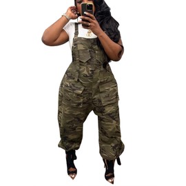 LETSVDO Overall Jumpsuit For Women Casual Camo Demin Harem Plus Size Spaghetti Strap Sleeveless Wide Leg Jean Romper With Pockets