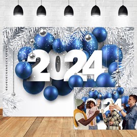 OERJU 7x5ft 2023 New Year Backdrop Blue Balloons Sliver Glitter Spots Xmas Balls Pine Tree Leaves Photography Background Happy New Year Merry Christmas Themed Celebration Decorations Banner