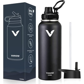 Termo de Acero Inoxidable 1.2L EASYTAO | Mantiene Bebidas Frías 24h y Calientes 12h | 2 Tapas (Pajilla y Chug), Antigoteo, Asa de Transporte, Negro