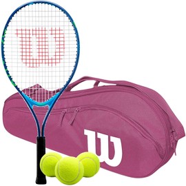 Wilson US Open Junior 23 Inch Tennis Racquet Bundled with (1) Advantage 2.5 Tennis Bag (Pink) and (3) Tennis Balls - Perfect Starter Set for Kids Age 7-8