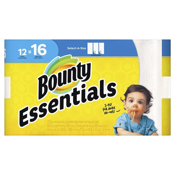 Bounty Essentials 74682 Select-a-Size Paper Towels, 5 9/10 x 11, 2-Ply, White, 83 Sheets/ Roll (Pack of 12)