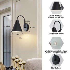 Powfloven Vintage Cordless Gooseneck Battery Operated Wall Sconces Set of 2, Black Bedside Battery Powered Wall Decor Lamps with Remote Control, Wireless Indoor LED Lights Fixture for Hallway Bedroom