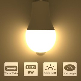Motion Sensor LED Light Bulbs A19 E26 9W PIR Built-in IR 60 watt Equivalent Bright 900 Lumens for Garage, Closet, Porch, Stairs,2 Packs - Color: 3000K Warm White